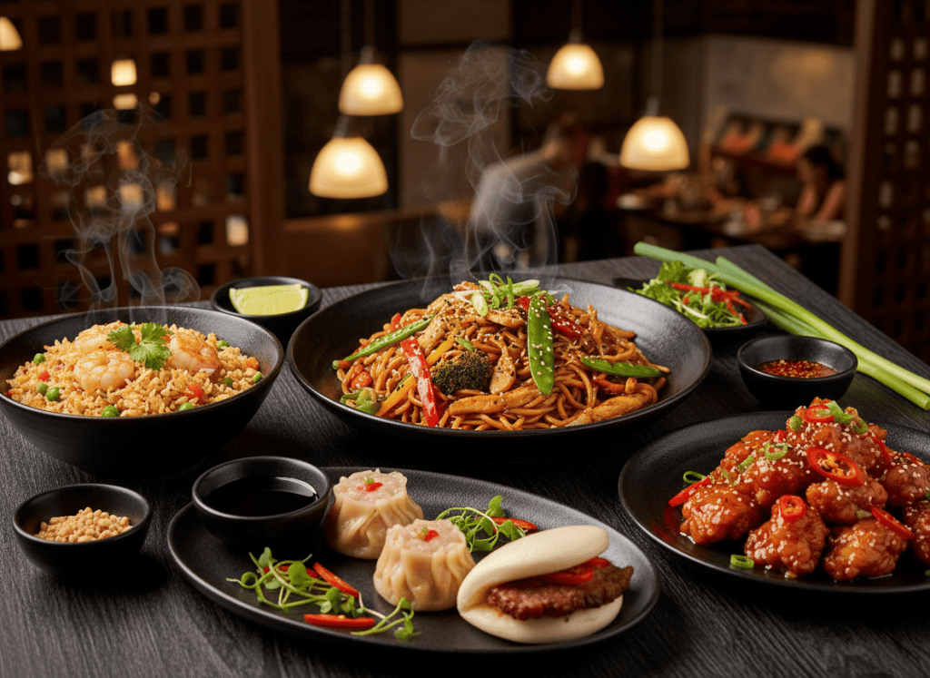 Asian dishes including noodles, fried rice and starters on a restaurant table.