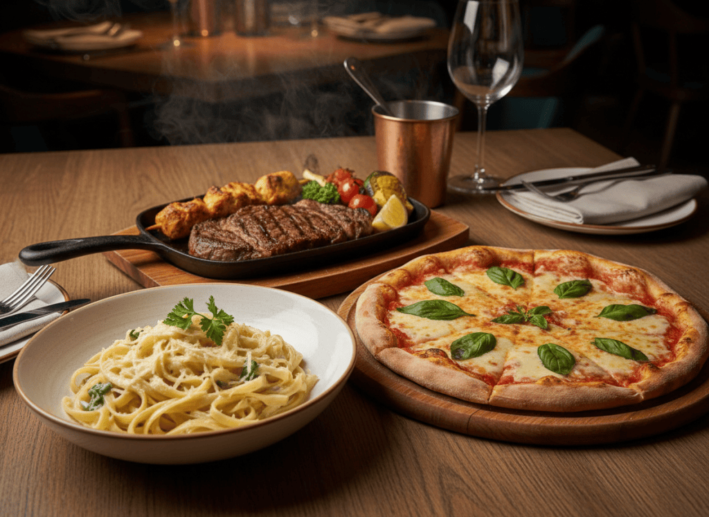 Continental dishes including pasta, pizza and a grilled platter.