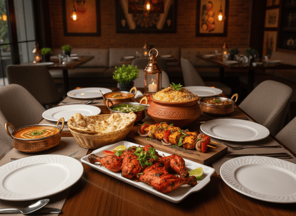 Indian dishes including tandoori items, biryani and curry on a restaurant table.